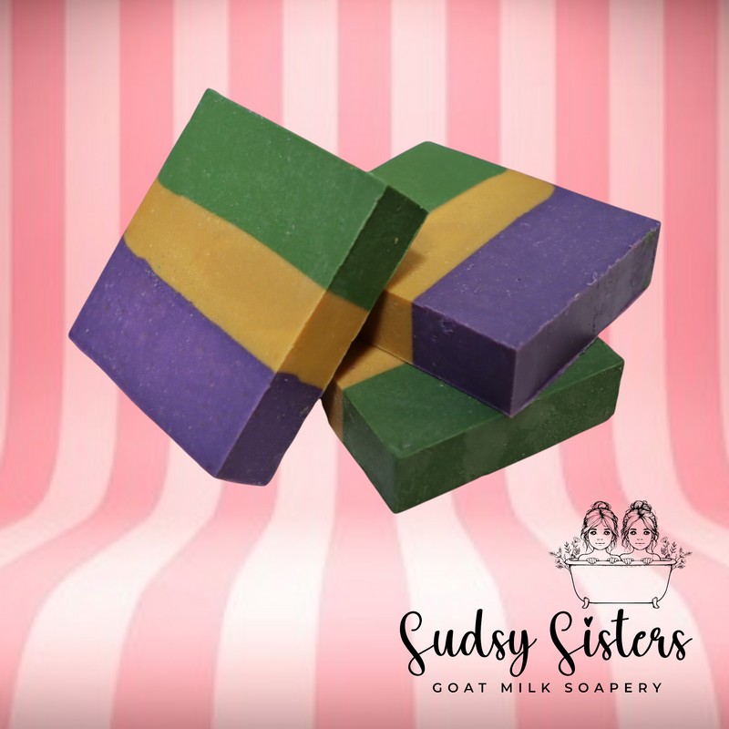 Mardi Gras goat milk soap: king cake, beignets and crawfish boil