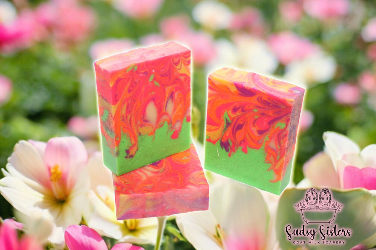 Butterfly Garden goat milk soap bar with light florals by Sudsy Sisters