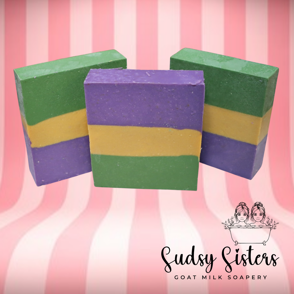 Mardi Gras Morning goat milk soap bar, alternate view