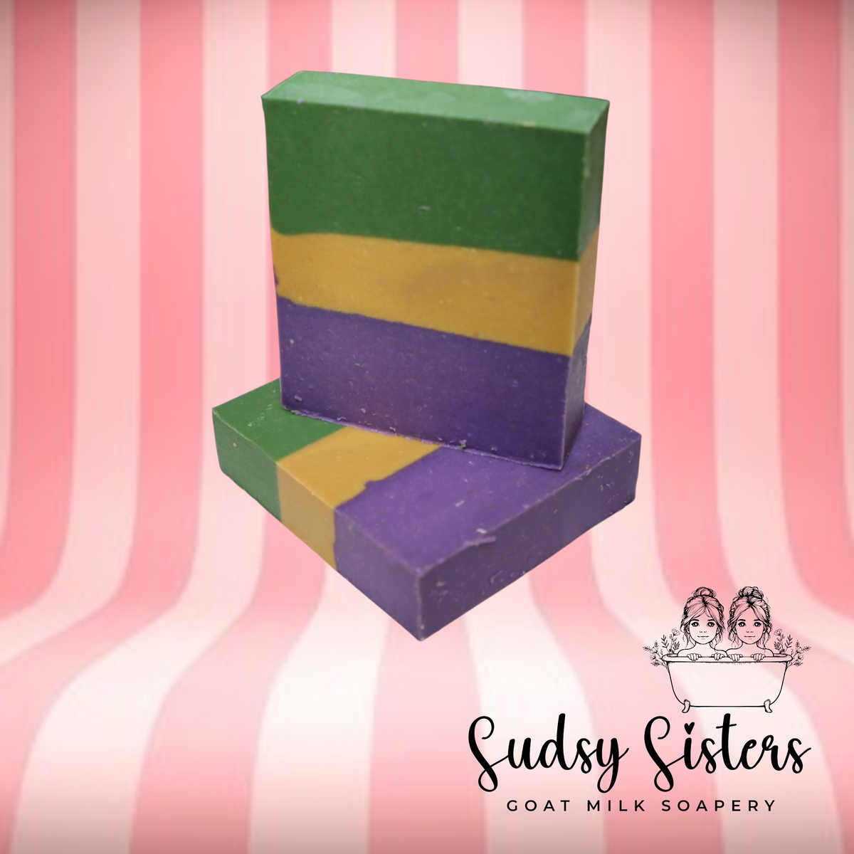 Mardi Gras Morning goat milk soap bar, detail view